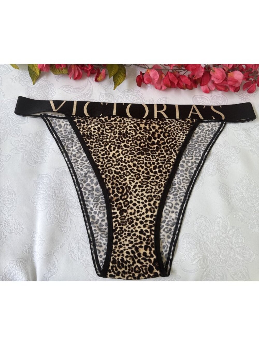 VICTORIA'S SECRET XL BLACK ANIMAL PRINT WIDE LOGO BAND FRENCH CUT PANTIES NWT